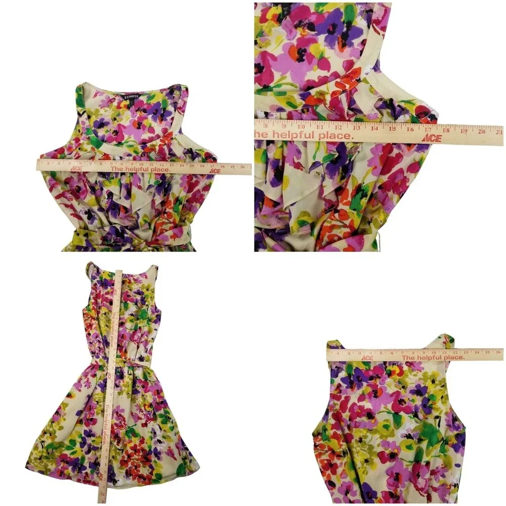 Express Dress Floral Knee Length Belted Sundress Womens Sz M  Ruffle Bib Pockets - Picture 12 of 16
